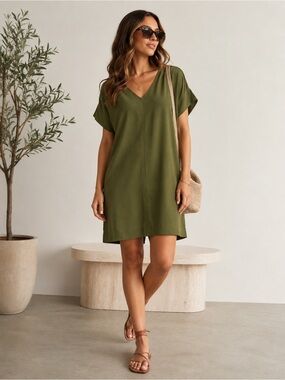 Madewell Olive Green V Neck Shift T Shirt Dress Size Small Minimalist Casual